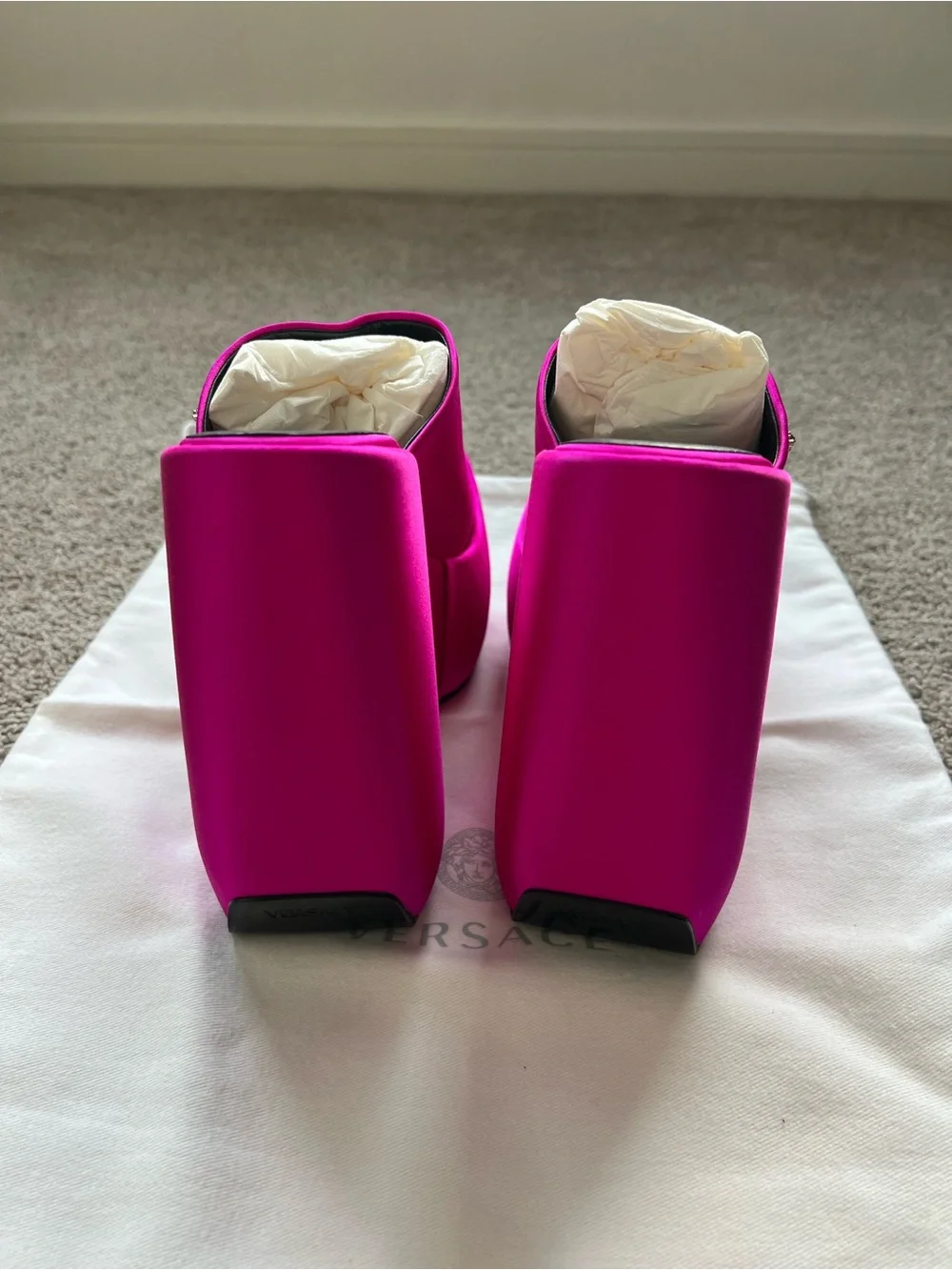 Versace Hot Pink Satin Open-Toe Platform Mules